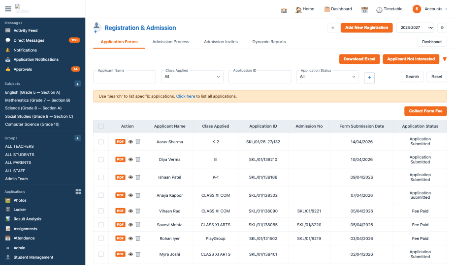 Skolaro Registration & Admission dashboard