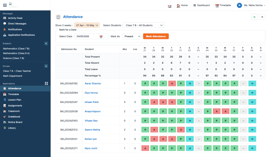 Skolaro Attendance dashboard