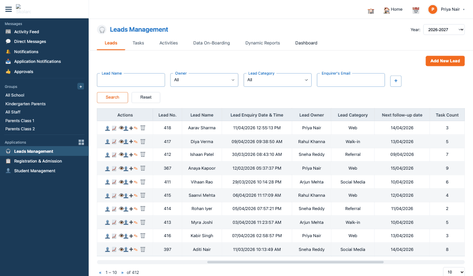 Skolaro Enquiry Management dashboard