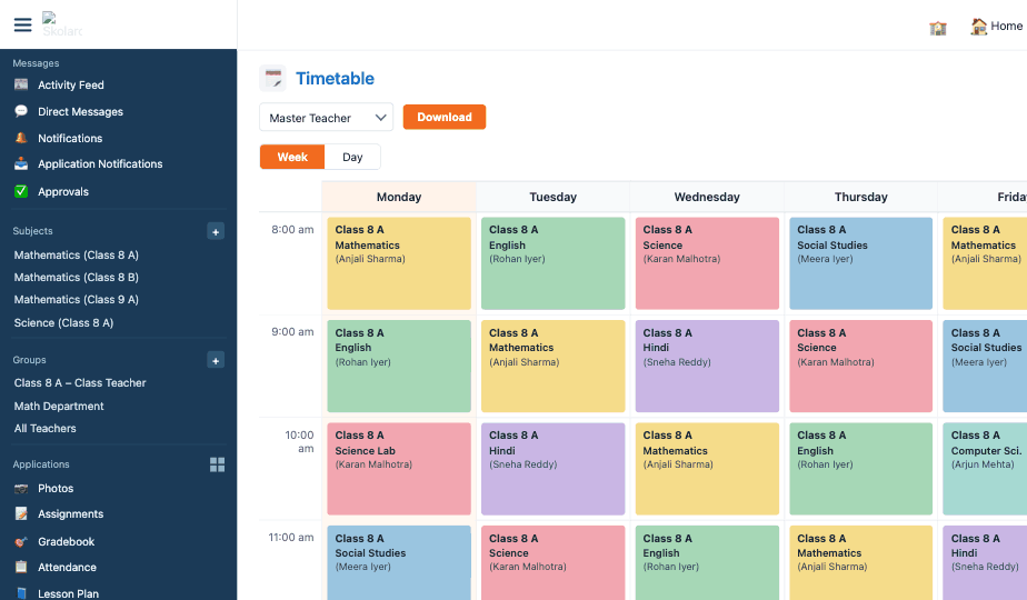 Skolaro timetable — class-wise weekly view with color-coded periods, subjects and teachers