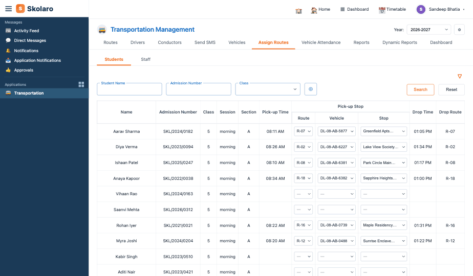 Skolaro Transport module — assign routes screen