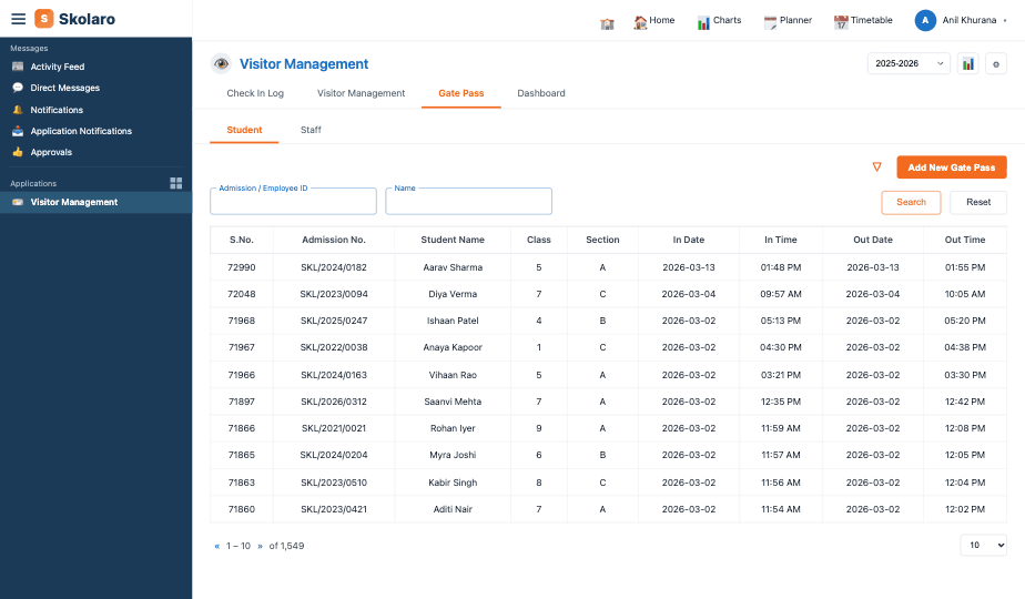 Skolaro Visitor Management module — gate pass screen